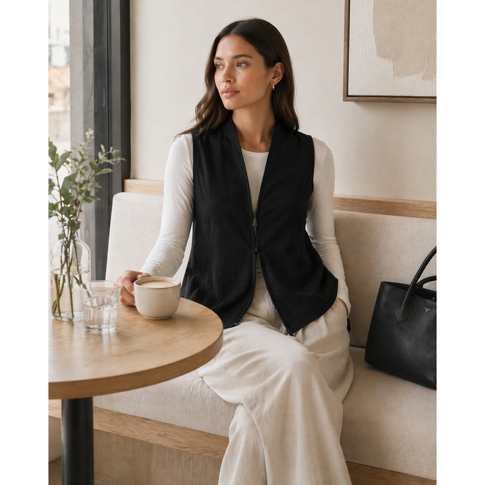 Eileen Fisher Womens XS Charcoal Black Textured Knit Tie Front Sleeveless Vest - Picture 2 of 9